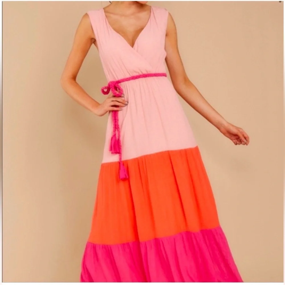 Flying Tomato Pink Orange Colorblock V neck Maxi Dress with Belt Medium NWT - Picture 9 of 10